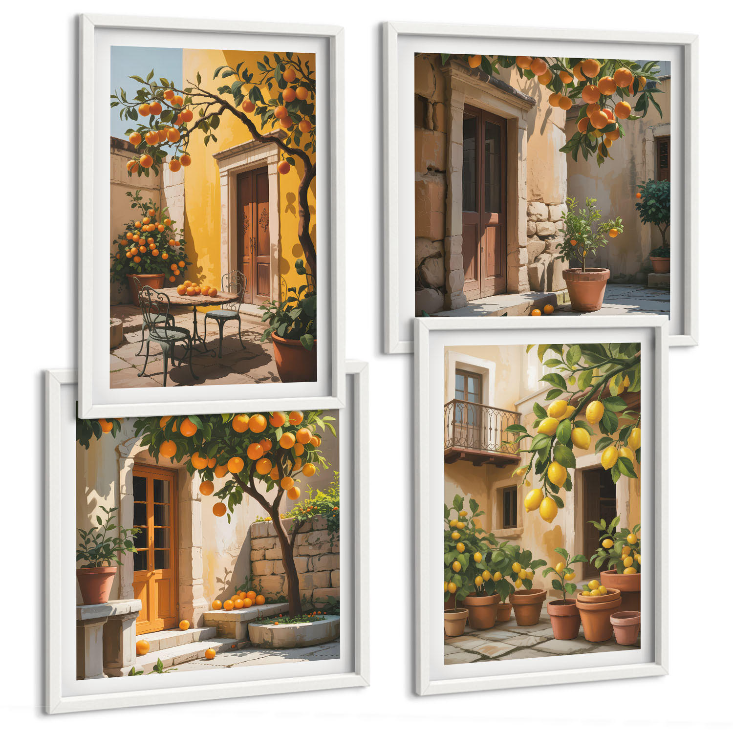 BILDER SET 4er Set - 50x50 cm & 40x60 cm Weißer Rahmen - Zitrusfrüchte in der Sonne - Weiß, Kunststoff (50/50cm) - TULUP