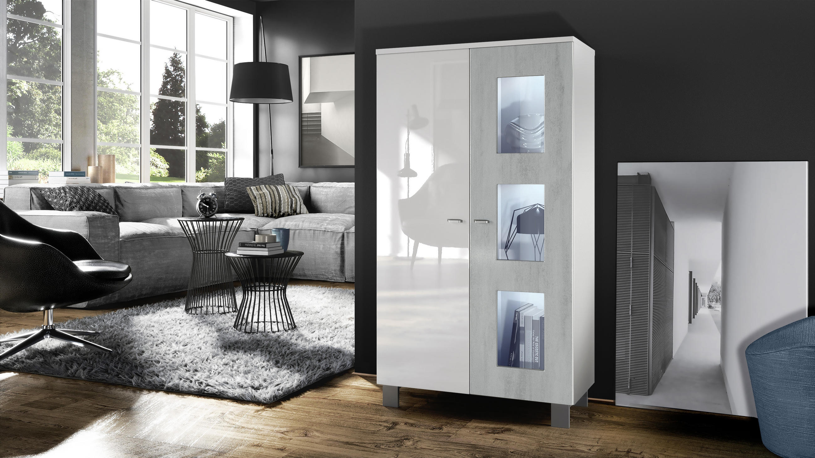 Thumbnail - Vladon Vitrine, Hellgrau, Holzwerkstoff, 71x129x35 cm, Wohnzimmer, Wohnwände, Vitrinenschränke