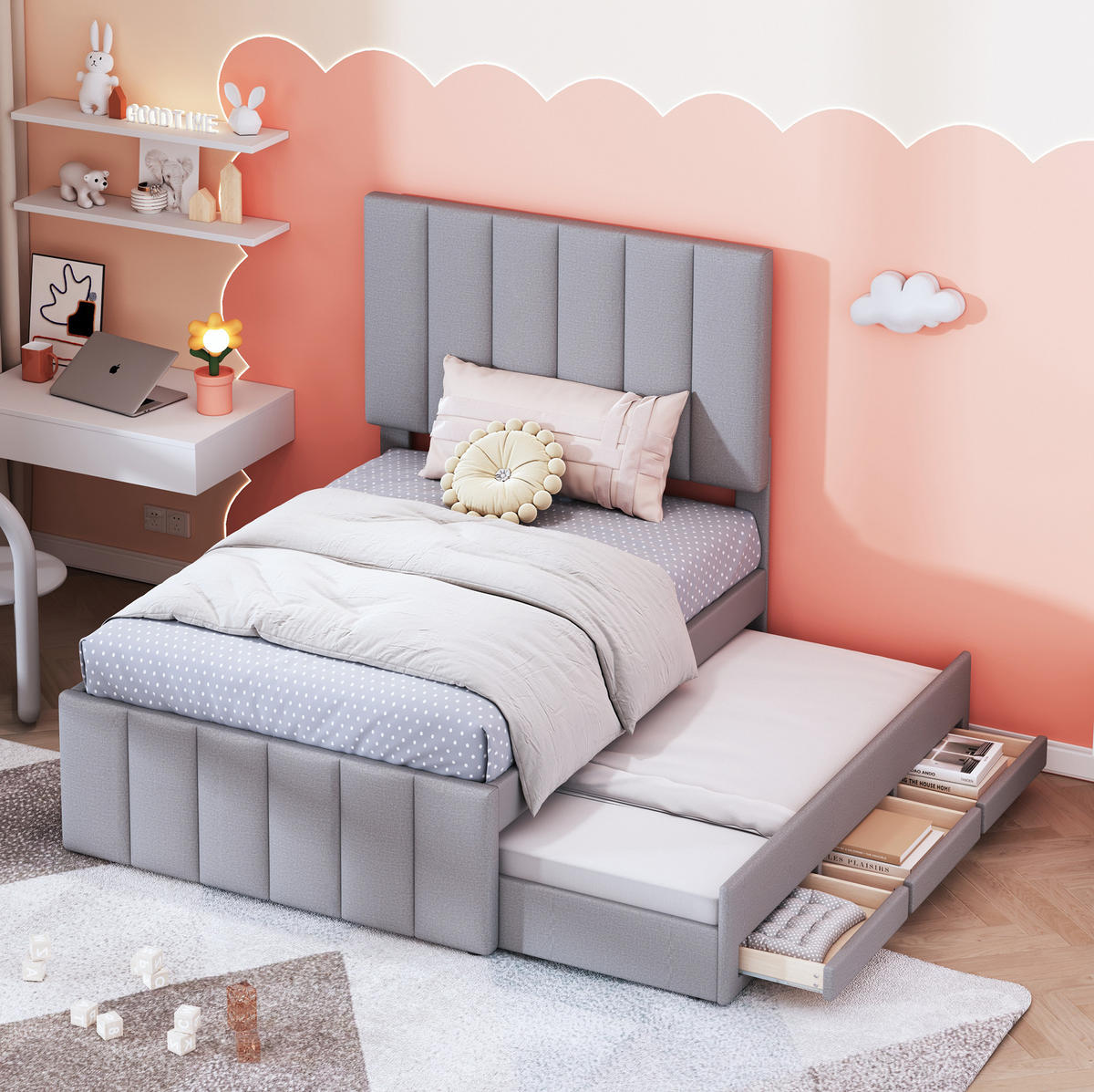 POLSTERBETT mit Ausziehbett und 3 Schubladen 90x200 cm Grau - Grau, Holzwerkstoff (90/200cm) - Beauniv