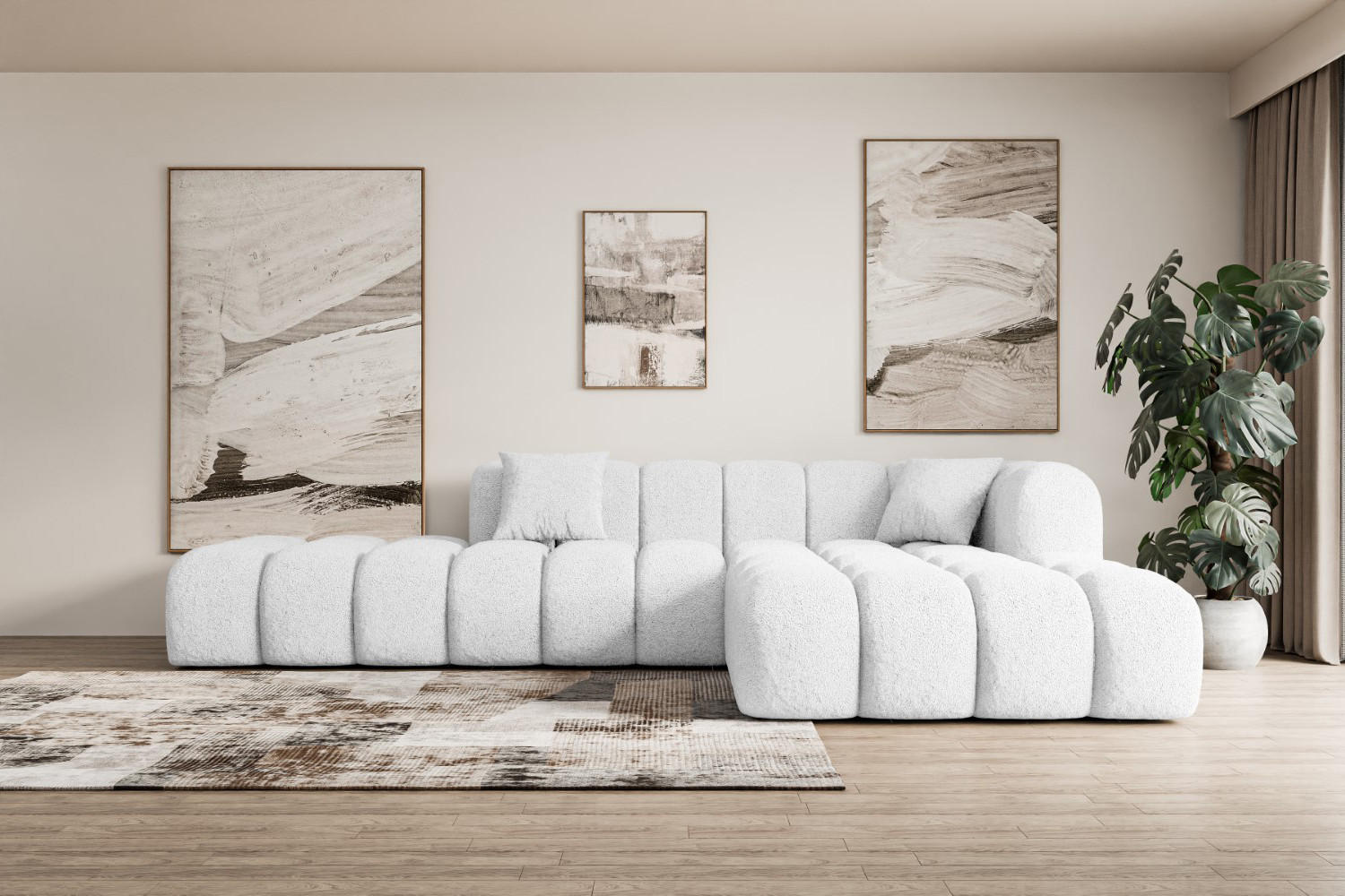 ECKSOFA Ottomane Rechts OLEA-L2 - 289x176x71 cm Weiß Bouclé - Schwarz/Weiß, Holzwerkstoff/Kunststoff (289/176cm) - ALTDECOR