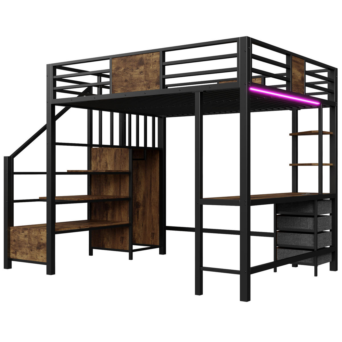 HOCHBETT 140/200 cm in Schwarz mit Schreibtisch, LED, Steckdose und Kleiderstange - Schwarz, Holzwerkstoff/Metall (140/200cm) - CHICFURN