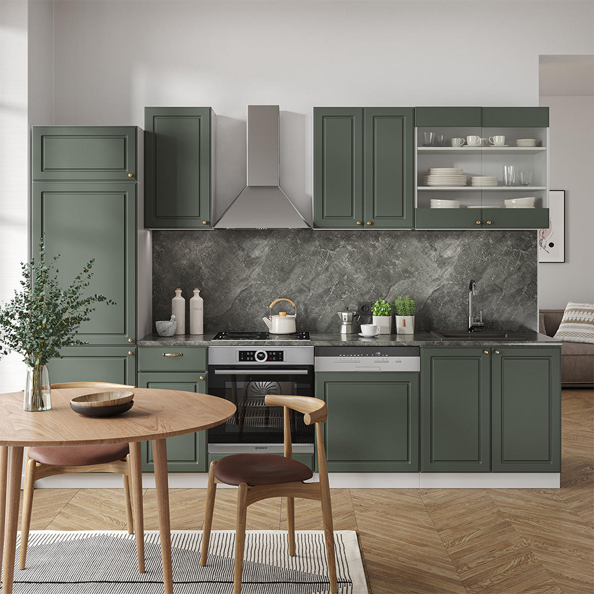 KÜCHENZEILE Fame-Line Grün-Gold Landhaus/Weiß 300 cm, AP Marmor - Weiß/Grün, Holzwerkstoff (300/81.6/60cm) - Vicco