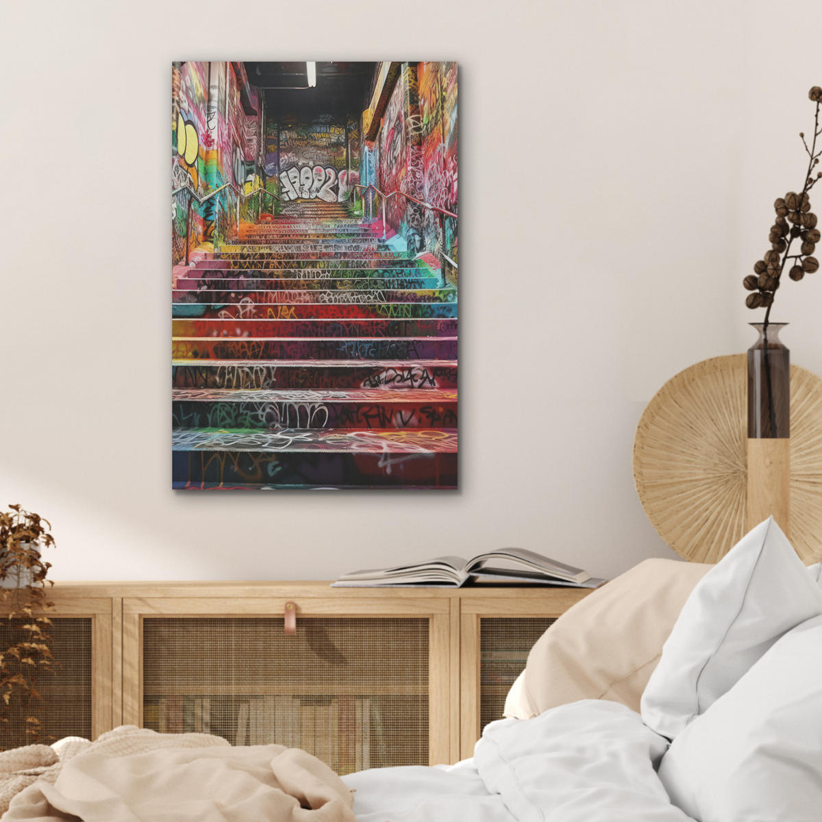 AKUSTIKBILD Treppe - Graffiti - Farben - Kunst Kunstdruck Schlafzimmer 50x70 cm - Multicolor, Kunststoff (50/70/0.9cm) - MuchoWow