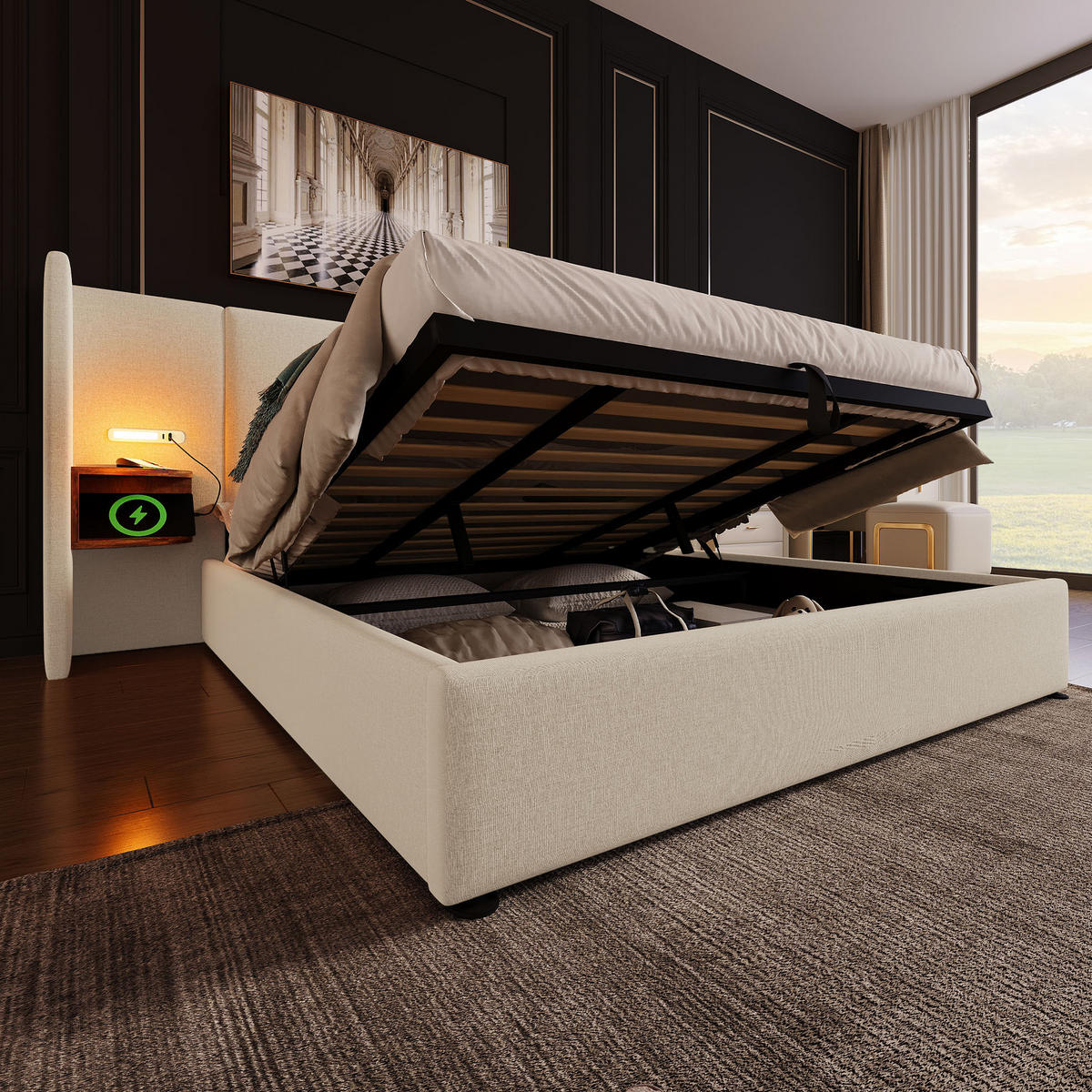 BETT mit Stauraum 180x200 cm Leinen Beige mit USB, Type-C und Leselicht - Beige, Metall (180/200cm) - Meubliv