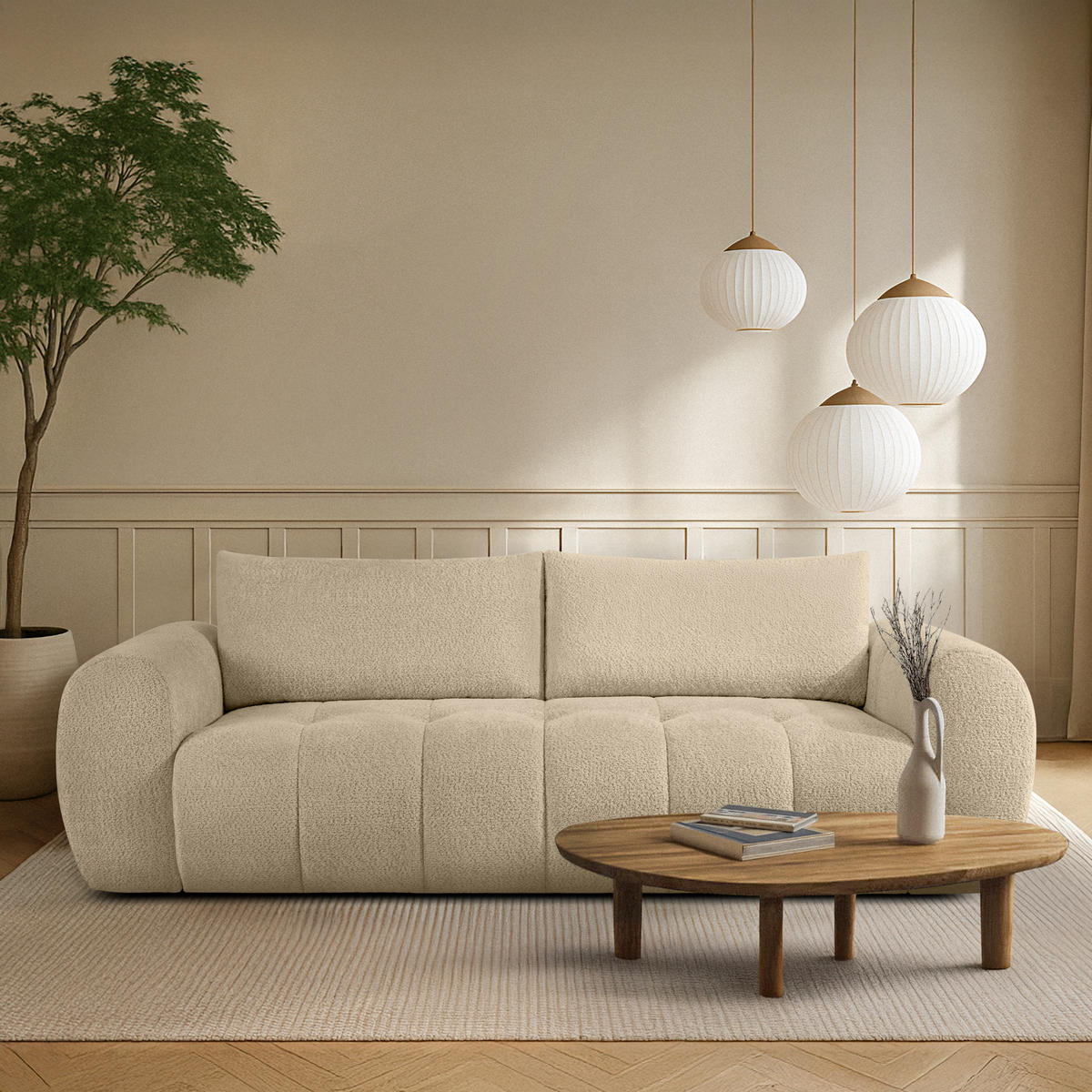 EINZELSOFA LIRA, Hellbeige, Bouclé - Beige, Holz/Holzwerkstoff (256/84/112cm) - KONSIMO®
