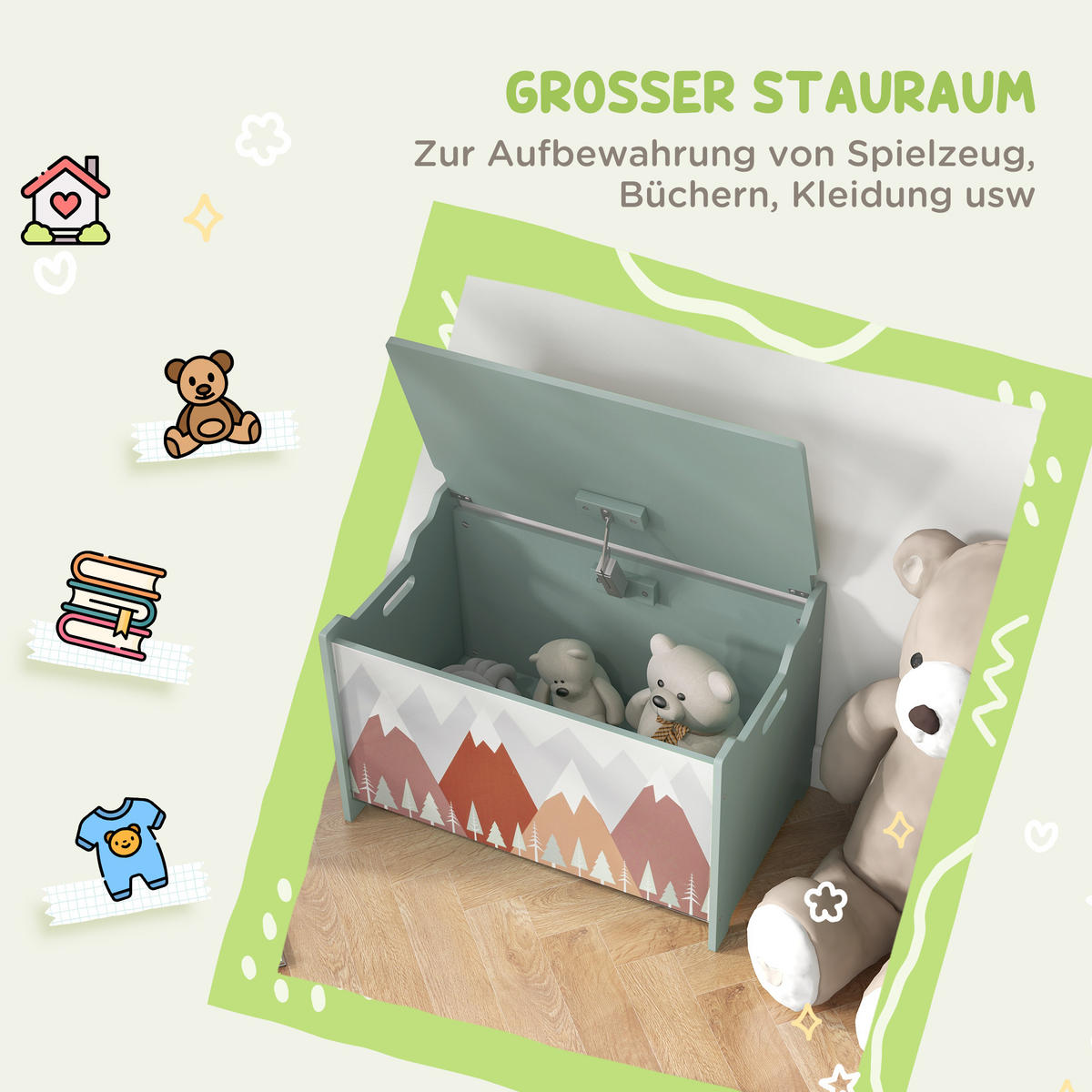 KINDERSITZBANK mit Stauraum Spielzeugkiste mit Deckel niedlichem Tierdesign Grün - Grün, Holzwerkstoff (37/60cm) - ZONEKIZ