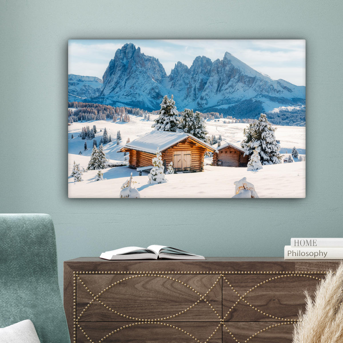 LEINWANDBILD Winter - Hütte - Berge - Aussicht - Schnee Gemälde 60x40 cm - Eichefarben, Textil (60/40cm) - MuchoWow
