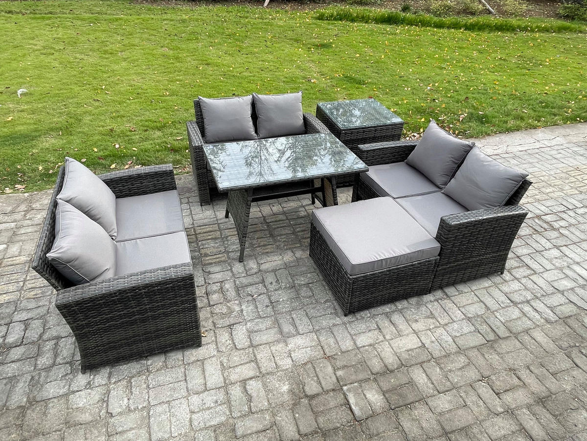GARTENMÖBELSET mit ESSTISCH,HOCHLEHNER-SOFA Polyrattan Dunkelgrauer Mix 7-Sitzer - Dunkelgrau/Grau, Glas/Kunststoff - Fimous