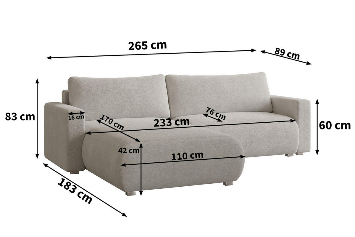 ECKSOFA TURIN N Grün Bucle-Stoff mit Schlaffunktion - Grün, Holz (265/183cm) - MASSENO