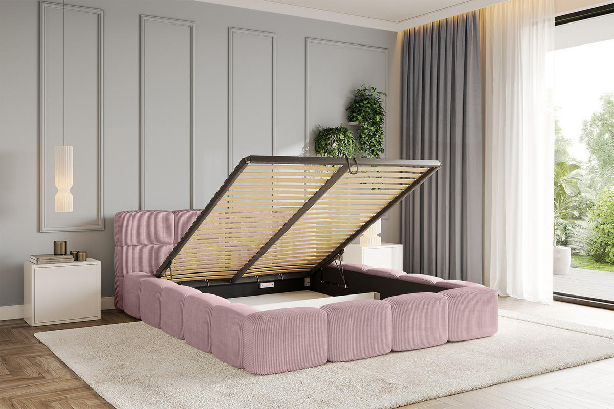 POLSTERBETT mit Bettkasten und Lattenrost, Bett mit Matratze H3/H4, Kopfteil, Boxbett, Doppelbett mit Stauraum - NATA-v1 200x200 Rosa - Rosa, Holzwerkstoff/Textil (200/200cm) - ALTDECOR