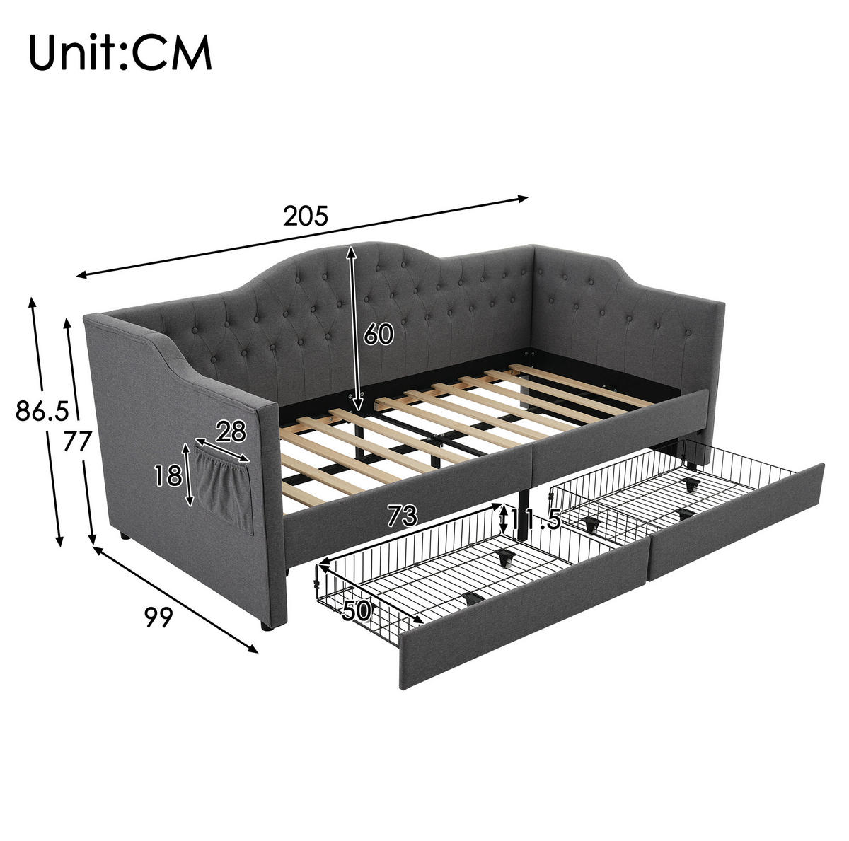 POLSTERBETT 90/190 cm mit 2 Schubladen, USB-C und gepolstertem Kopfteil - Grau, Textil (90/190cm) - BEAOK