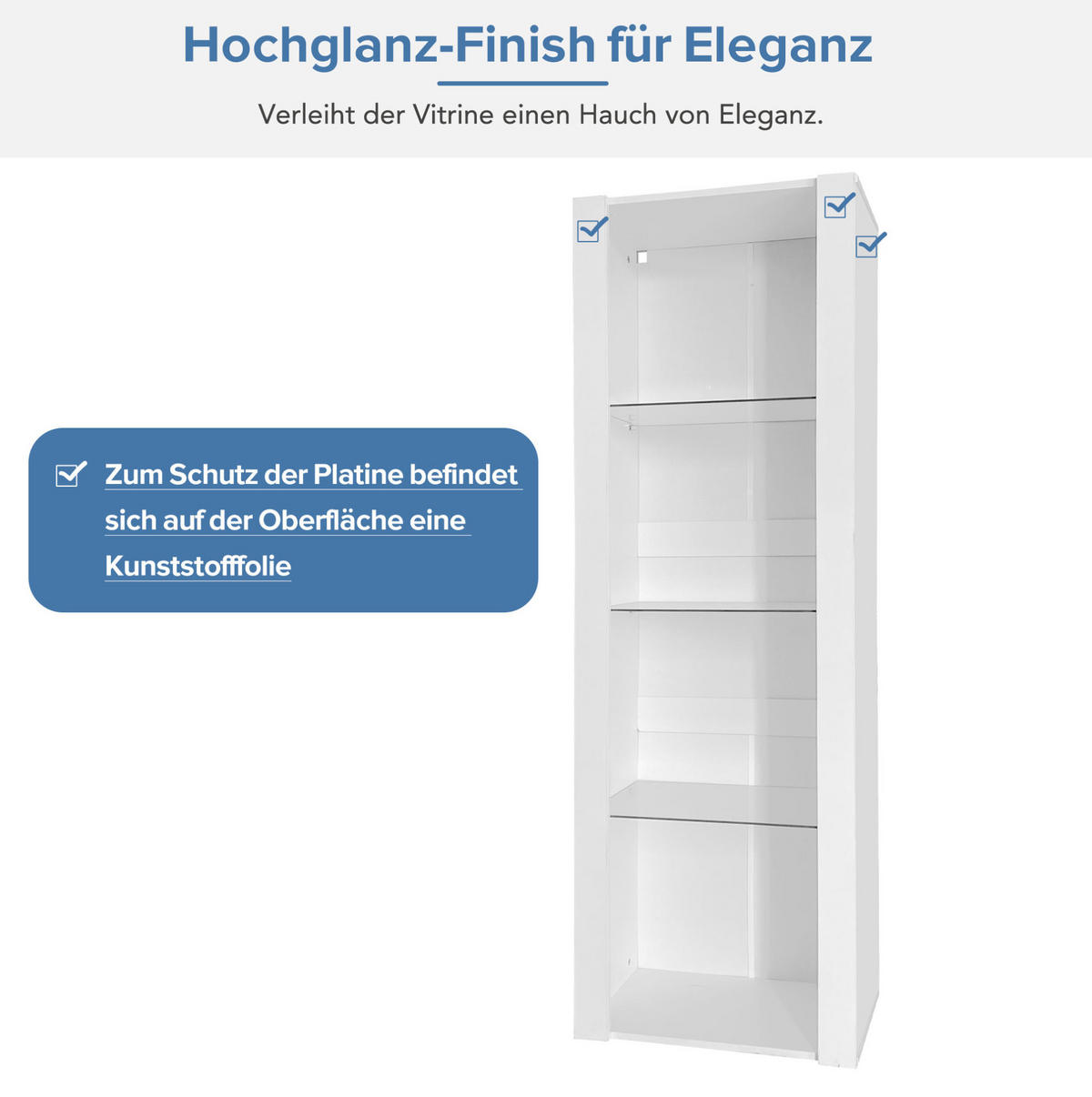 VITRINE 55/38/166 cm mit LED-Beleuchtung, 3 Glasböden und Hochglanzfront, Weiß - Weiß, Holzwerkstoff (55/166/38cm) - Redom