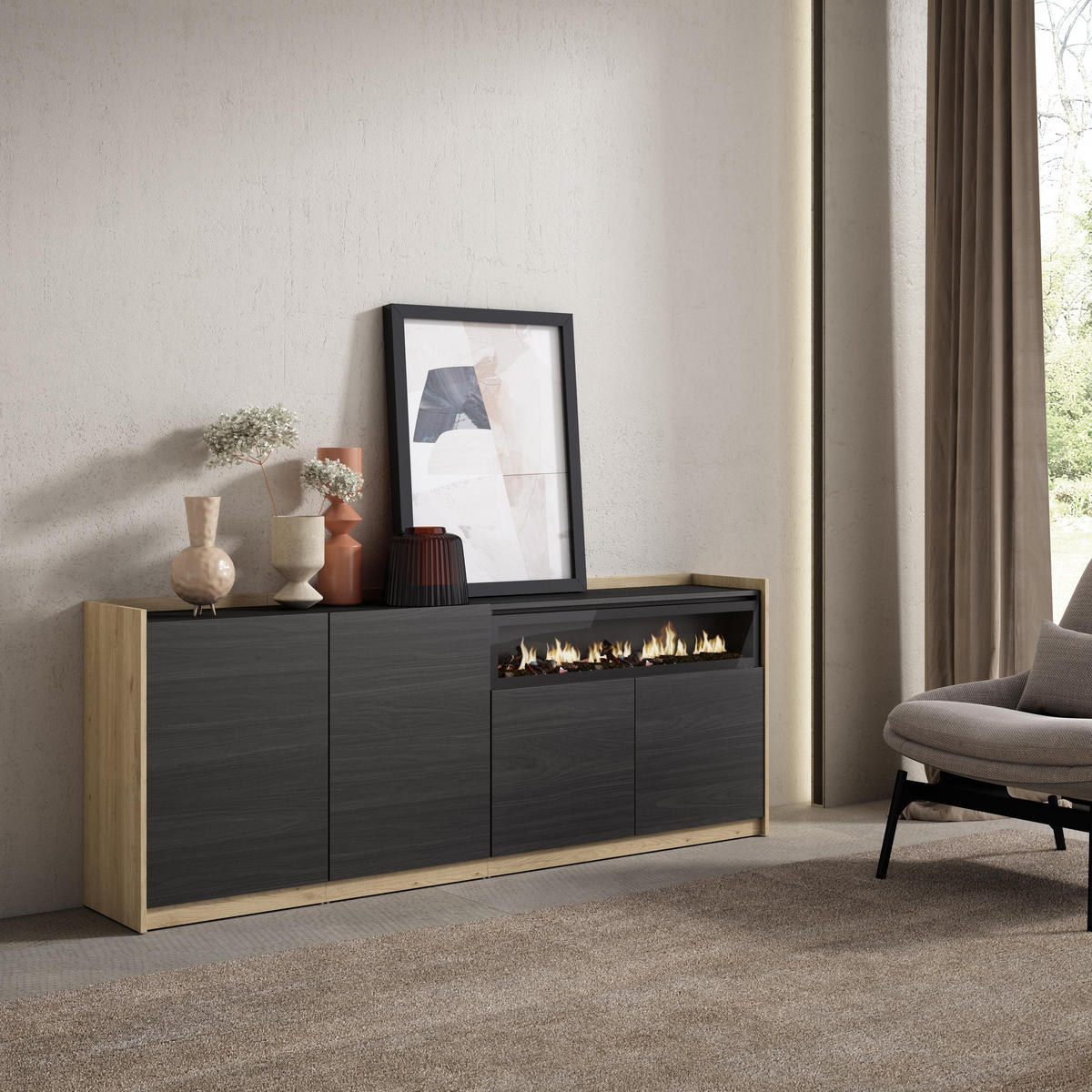 SIDEBOARD, Highboard, Schwarz Eiche, Elektrokamin, 207/37/80cm - Schwarz, Holzwerkstoff (207/80/37cm) - Skraut Home