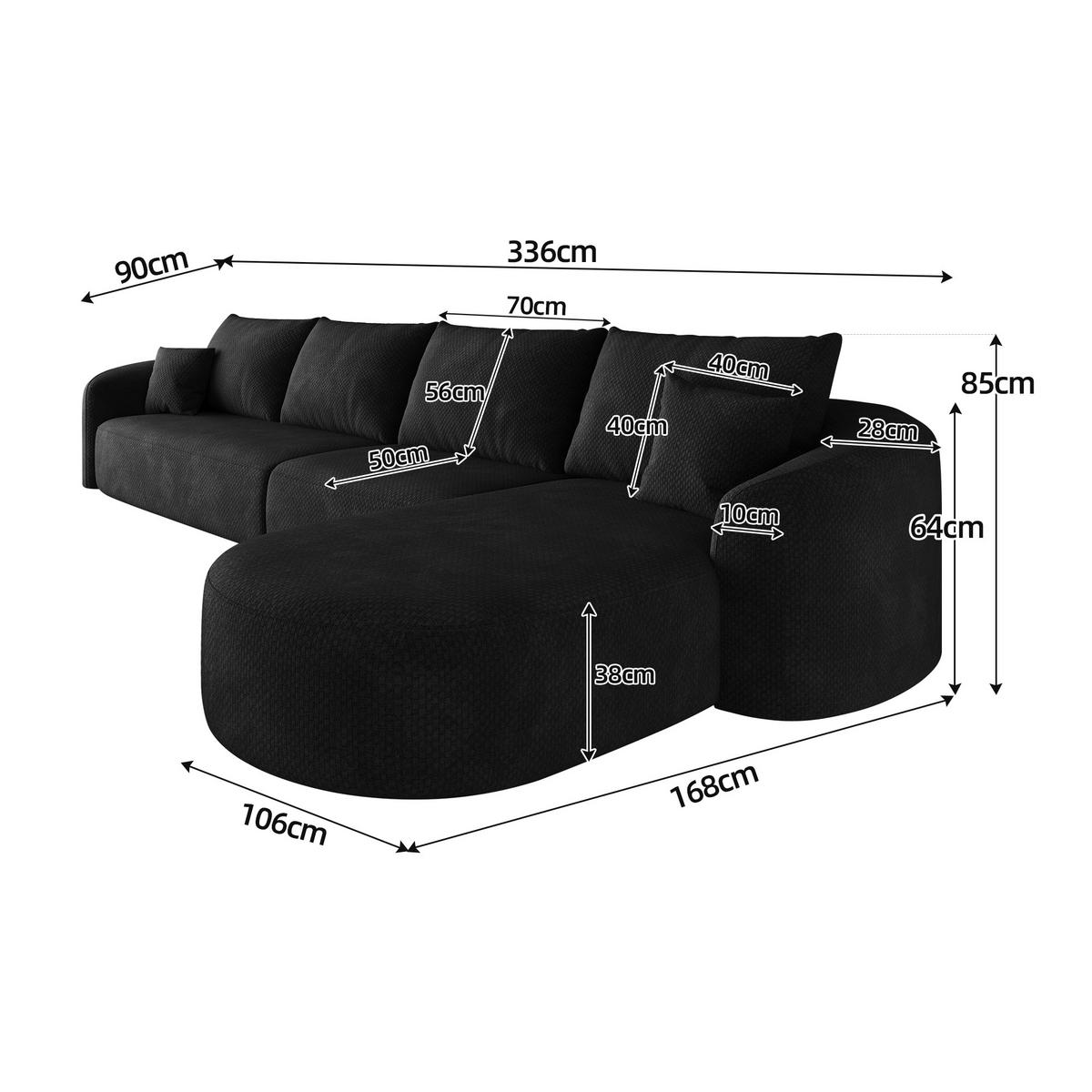 ECKSOFA 336/168/85 cm Schwarz Chenille mit Chaiselongue, Rechte Seite - Schwarz, Textil (336/168cm) - Oxeza