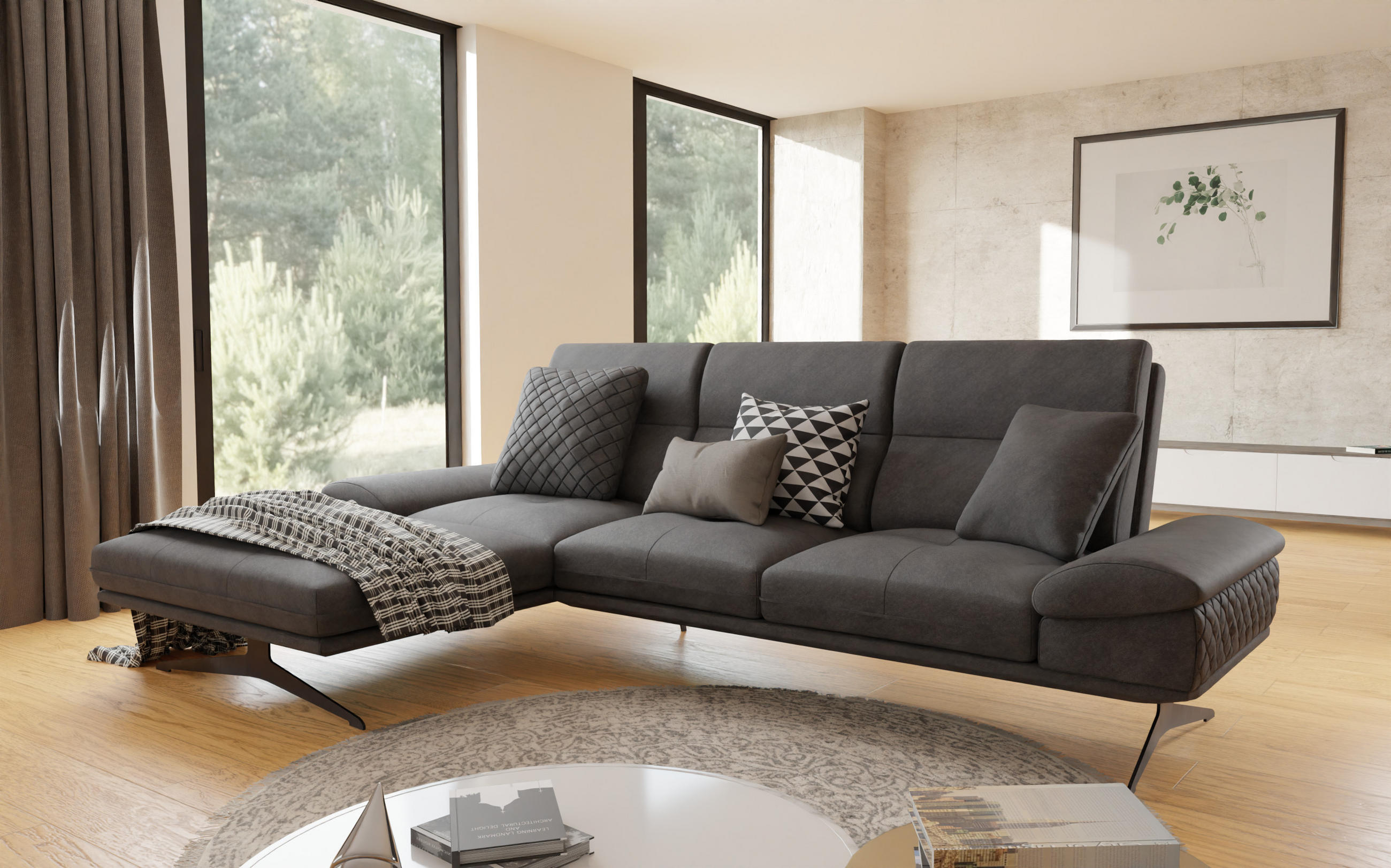 ECKSOFA Loris Schwarz Samt - Ottomane links - Schwarz, Holz/Textil (294/175cm) - S-Style Möbel