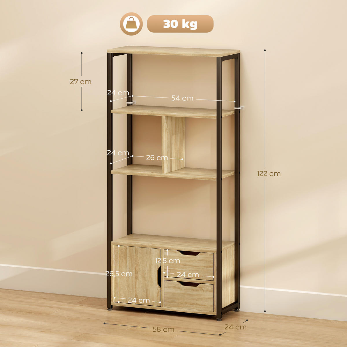 BÜCHERREGAL im Industriestil 58/24/122 cm schwarz - Naturfarben, Karton (58/122/24cm)