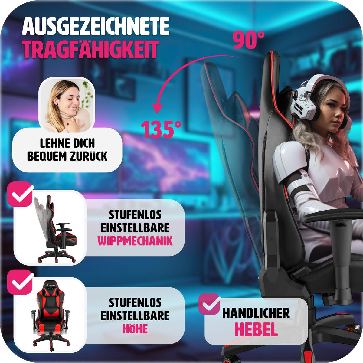 RACING-GAMINGSTUHL Twink,Belastbarkeit 120 kg,schwarz/rot - Rot/Schwarz, Textil (68/125/69cm) - tectake