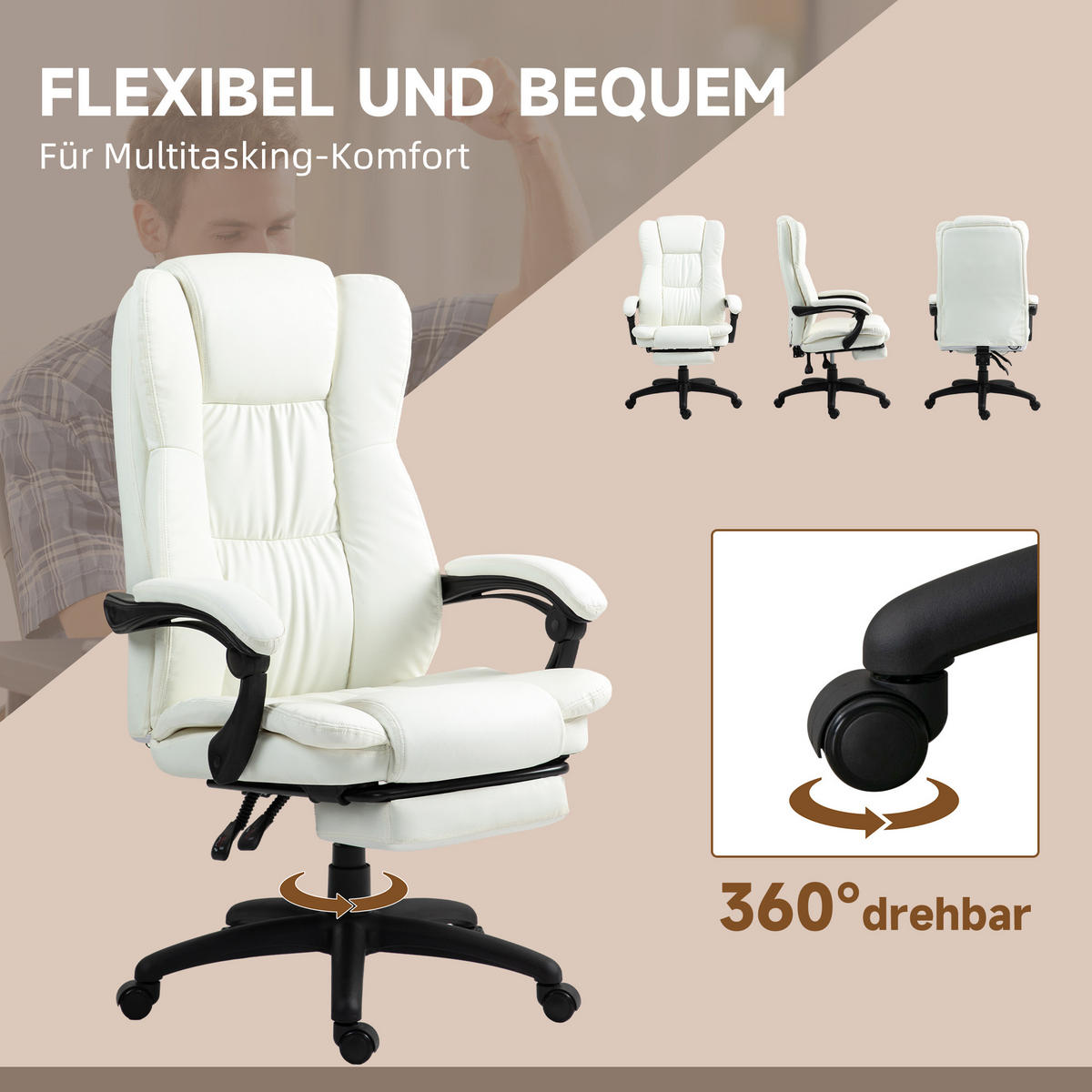 VERSTELLBARER Drehstuhl mit Fußstütze, Kopfstütze, Massagefunktion, Cremeweiß - Creme/Schwarz, Kunststoff (68.5/121/68.5cm) - Vinsetto