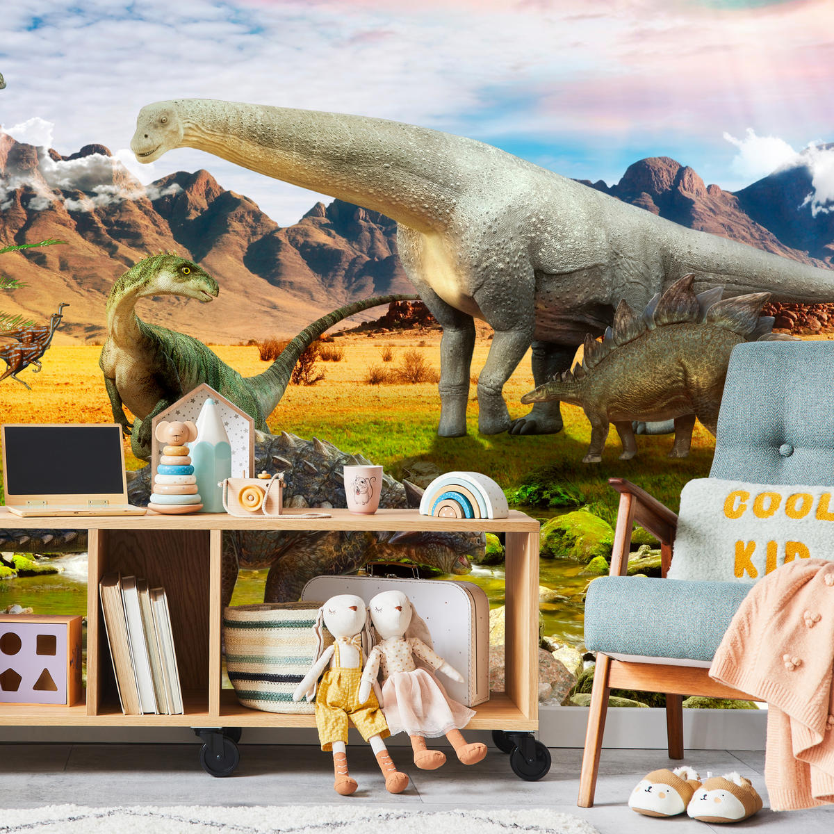 FOTOTAPETE für Kinderzimmer Dinosaurier Berge aus Felsen Bäume 350x256 - Multicolor, Papier (350/256cm) - Muralo