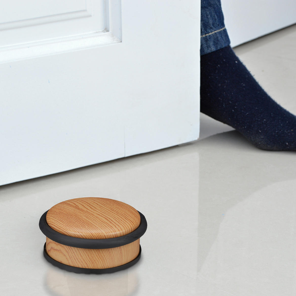 DÖRRSTOPP ljusbrun trälook 5x10,5 cm - Ljusbrun, Metall/Plast (10.5/10.5cm) - Relaxdays