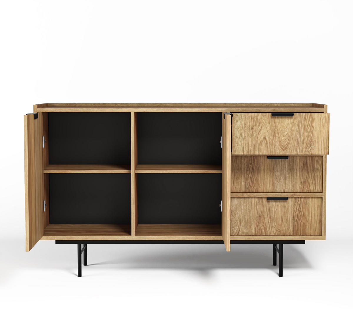 SIDEBOARD Nordiva 2T 3S Hikora Natur 150/90/40 cm – Metallgestell - Schwarz/Naturfarben, Holzwerkstoff/Metall (150/91/40cm) - AX Living