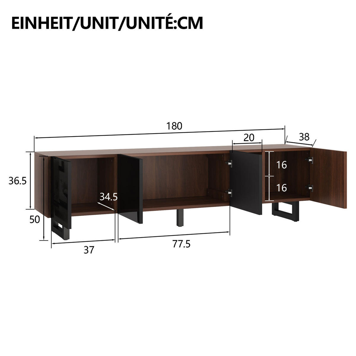 TV-SCHRANK aus MDF 180x38x50 cm Schwarz/Natur mit grifflosen Türen, Hochglanzfront und viel Stauraum - Hellbraun, Holzwerkstoff (180/50/38cm) - Modfu
