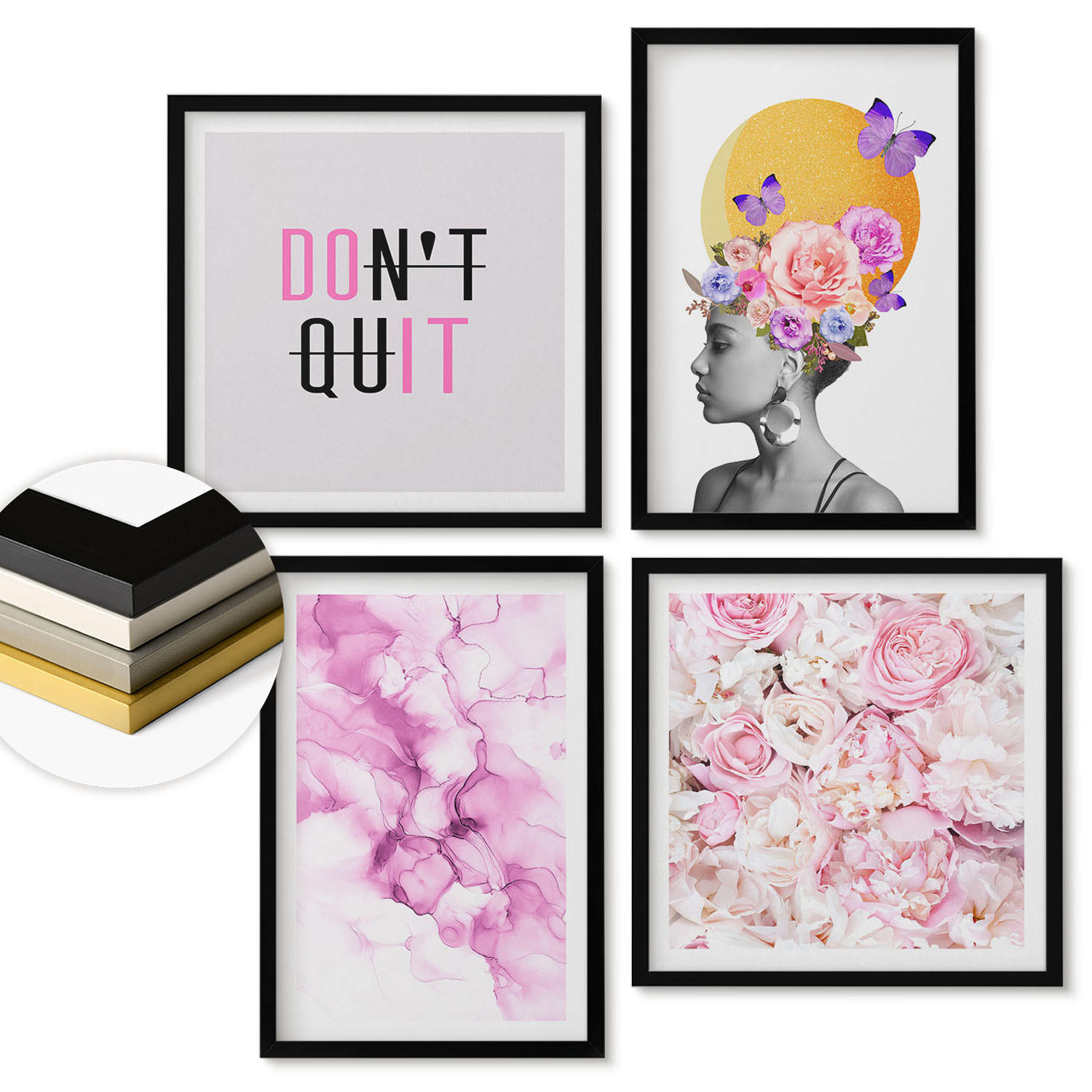 WANDBILDER 4er-Set - 50x50 cm & 40x60 cm Schwarzer Rahmen - Abstraktes Blumenporträt einer Frau - Schwarz, Kunststoff (50/50cm) - ArtPrintCave