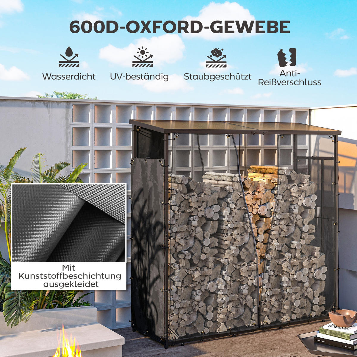 KAMINHOLZREGAL 148 x 62 cm - Schwarz, Kunststoff (62/0.1/148cm) - Outsunny