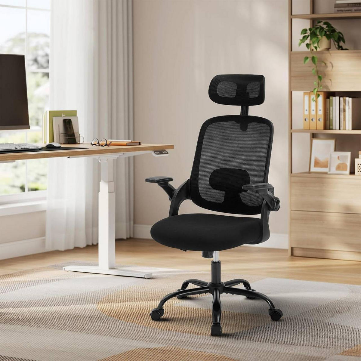DREHSTUHL mit Wippfunktion, Netzstoff, Schwarz - Schwarz, Kunststoff/Textil (63.5/109.5/50cm) - Woltu