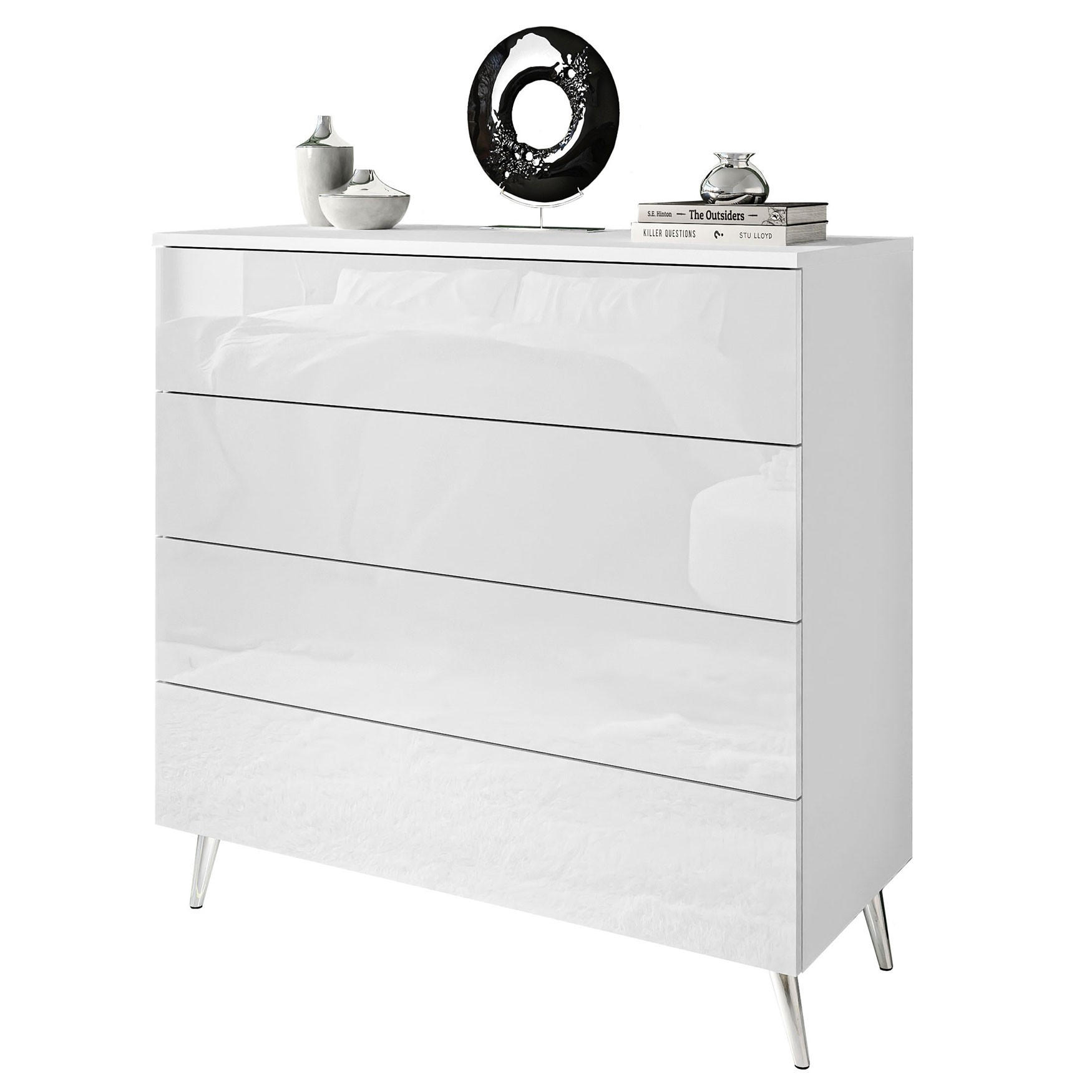 KOMMODE AURA PUSH OPEN mit Schubladen Beinfarbe – Chrom - Silberfarben/Weiß, Holzwerkstoff (95/90/40cm) - Lookway