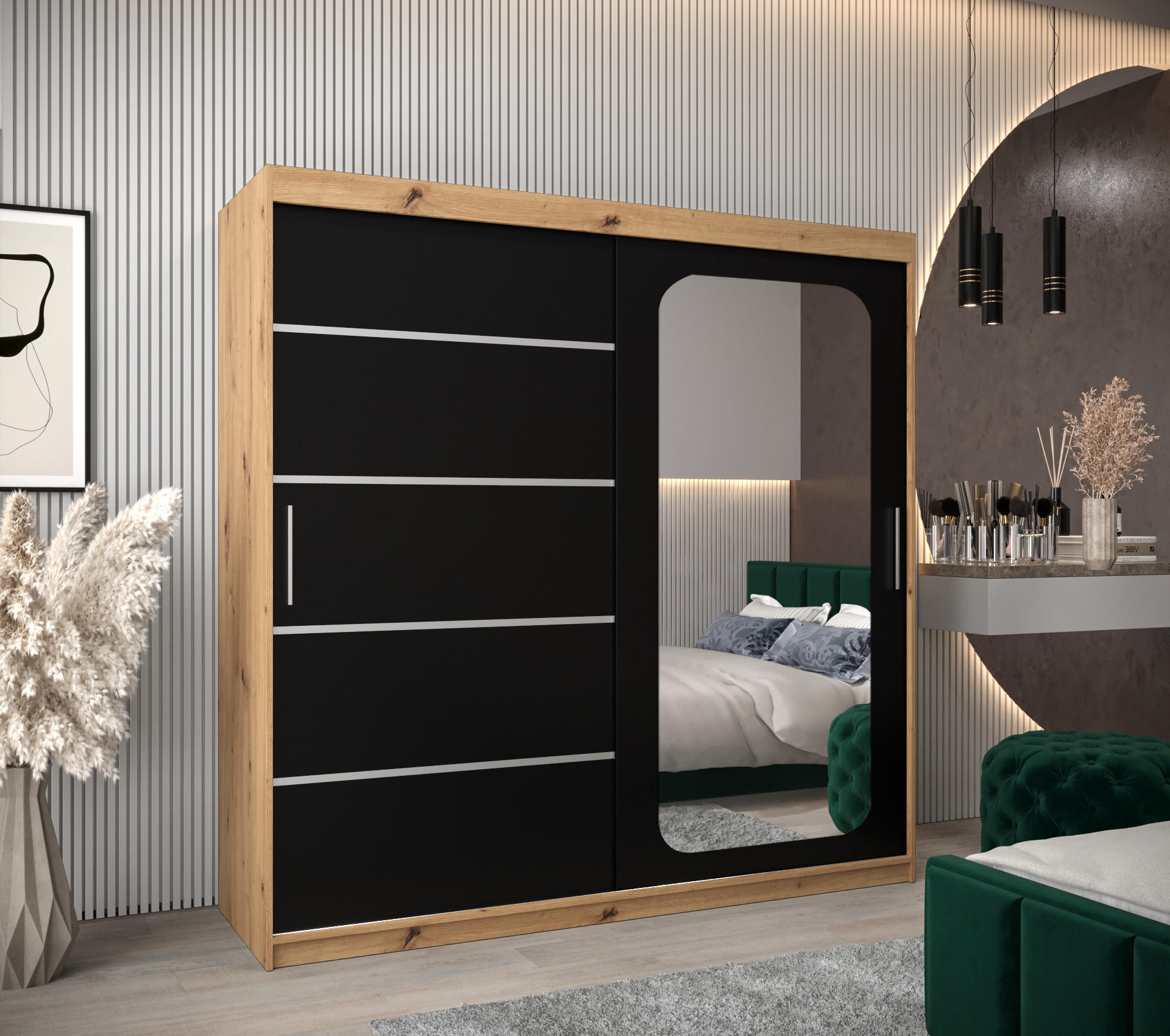 SCHWEBETÜRENSCHRANK 200/200/62 2-türig - Silberfarben/Schwarz, Holz/Kunststoff (200/200/62cm) - Abiks Möbel