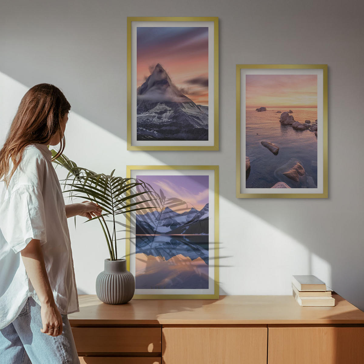 BILDER SET 3er Set - 40x60 cm Goldrahmen - Berglandschaft, See, Westen - Goldfarben, Kunststoff (40/60cm) - TULUP