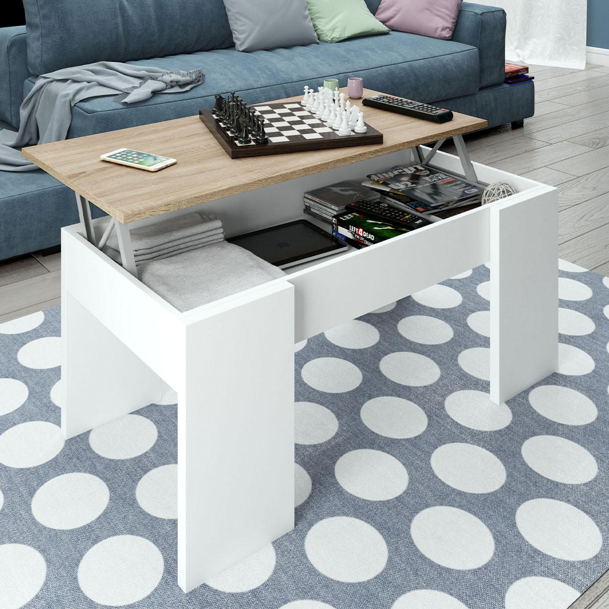 COUCHTISCH mit hochklappbarer Platte L100 cm - Alida - Weiß, Holzwerkstoff (100/50/45cm) - Calicosy