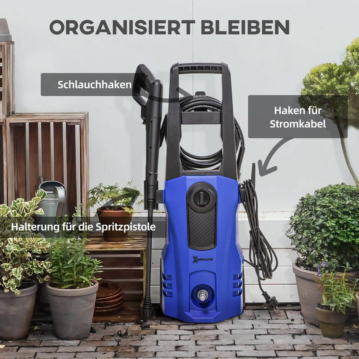 HOCHDRUCKREINIGER mit 6 m Hochdruckschlauch, max. Wassermenge: 510 l/h, für Garten, Blau - Blau, Kunststoff (27/78/35cm) - DURHAND