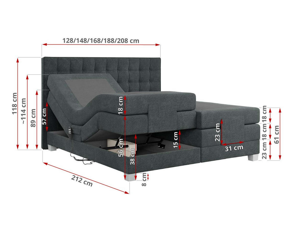 BOXBETT ELEKTRO 180/200 Dunkelgrau Struktur - H3 - Dunkelgrau, Holz/Textil (180/200cm) - MKS