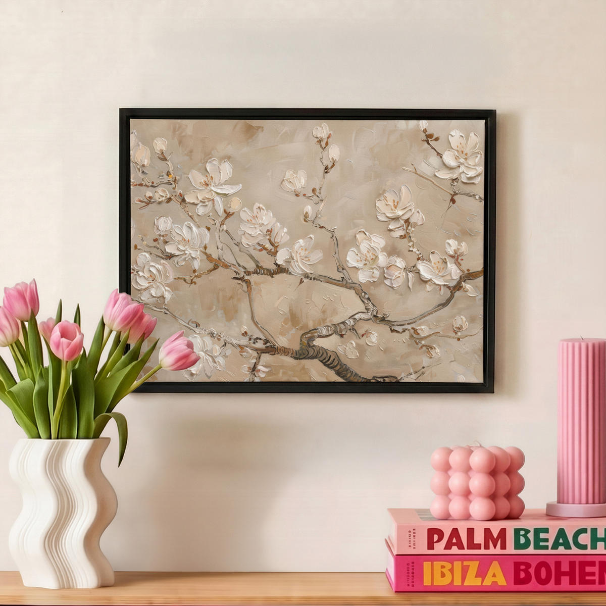 LEINWAND Bilder mit Rahmen - Blumen - Modern - Beige - Weiß - Blüte - 40x30 - Beige, Textil (40/30cm) - MuchoWow