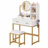 SCHMINKTISCH in Weiß Frisiertisch mit LED-Spiegel, Steckdosen, Hocker & Goldbeinen, 2 Schubladen, für Schlafzimmer, B138.5/T40/H80cm - Goldfarben/Weiß, Holzwerkstoff/Metall (80/138.5/40cm) - STILVORA