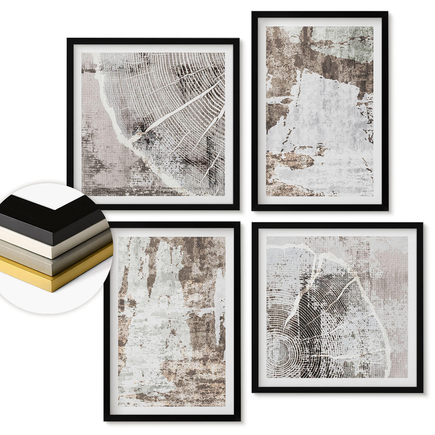 WANDBILDER 4er-Set - 50x50 cm & 40x60 cm Schwarzer Rahmen - Abstrakte Muster, weiß, braun - Schwarz, Kunststoff (50/50cm) - ArtPrintCave