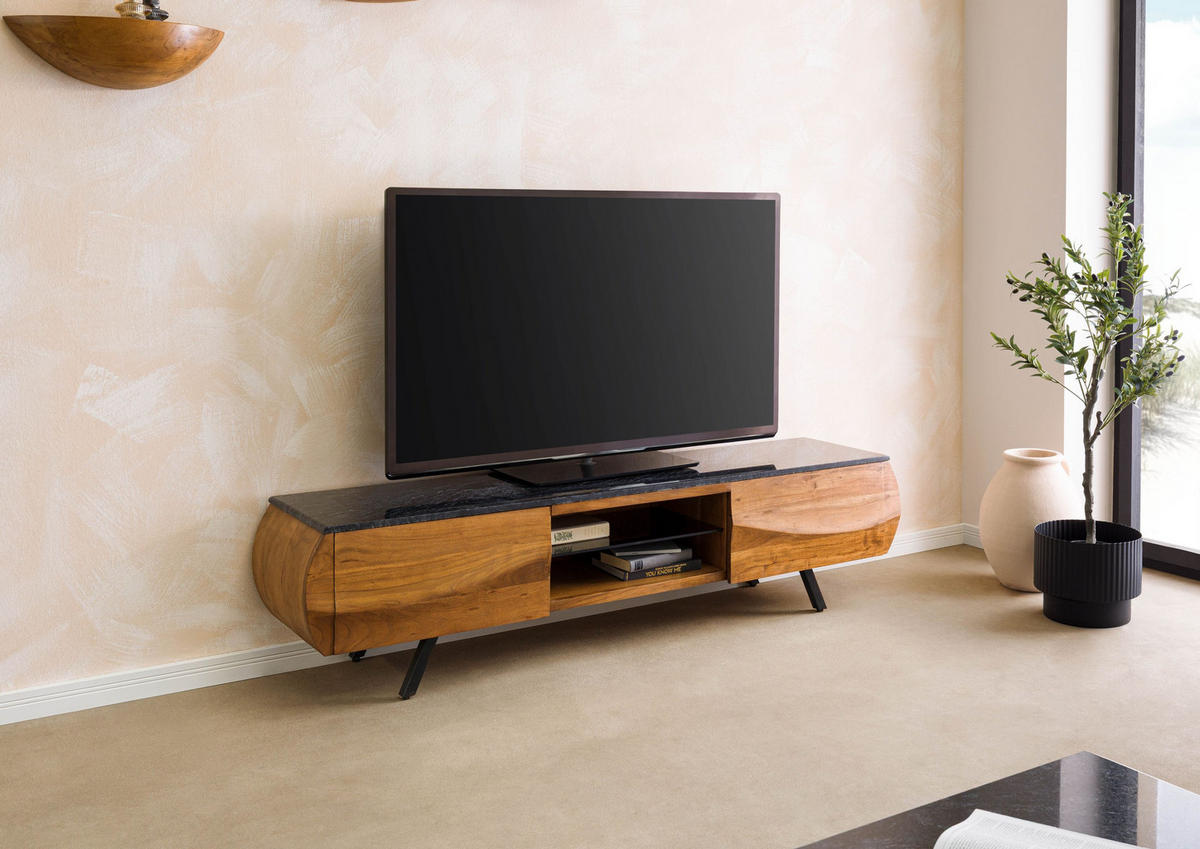 TV-BOARD Akazie 184x40x45 natur lackiert / Marmor schwarz MONTREAL #121 - Naturfarben, Holz (184/45/40cm) - Massivmoebel24