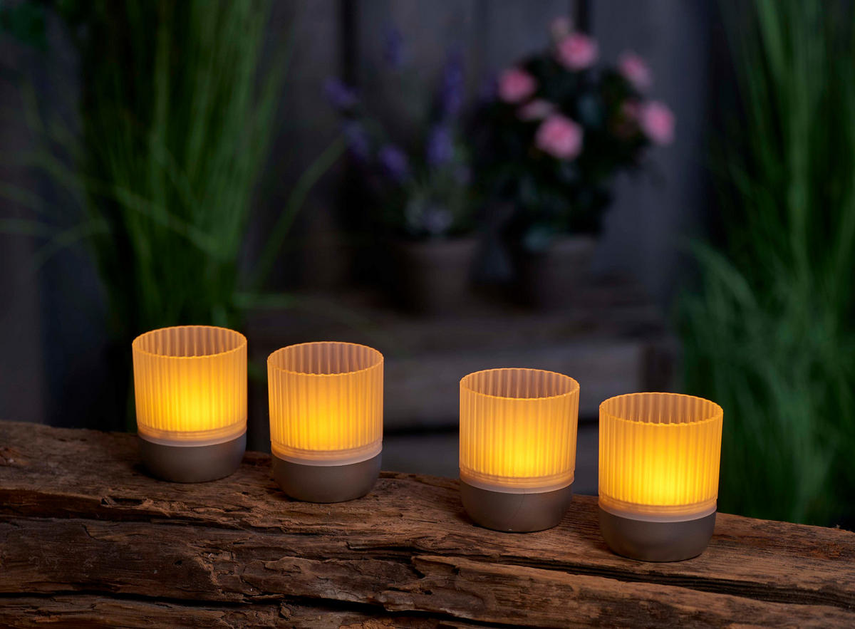 LED-AKKU-LOUNGE-LIGHTS - kabellos mit Touchsensor für Innen und Außen, RGBW Flackereffekt, 4er-Set - Silberfarben, Kunststoff (5/5/7cm) - Northpoint