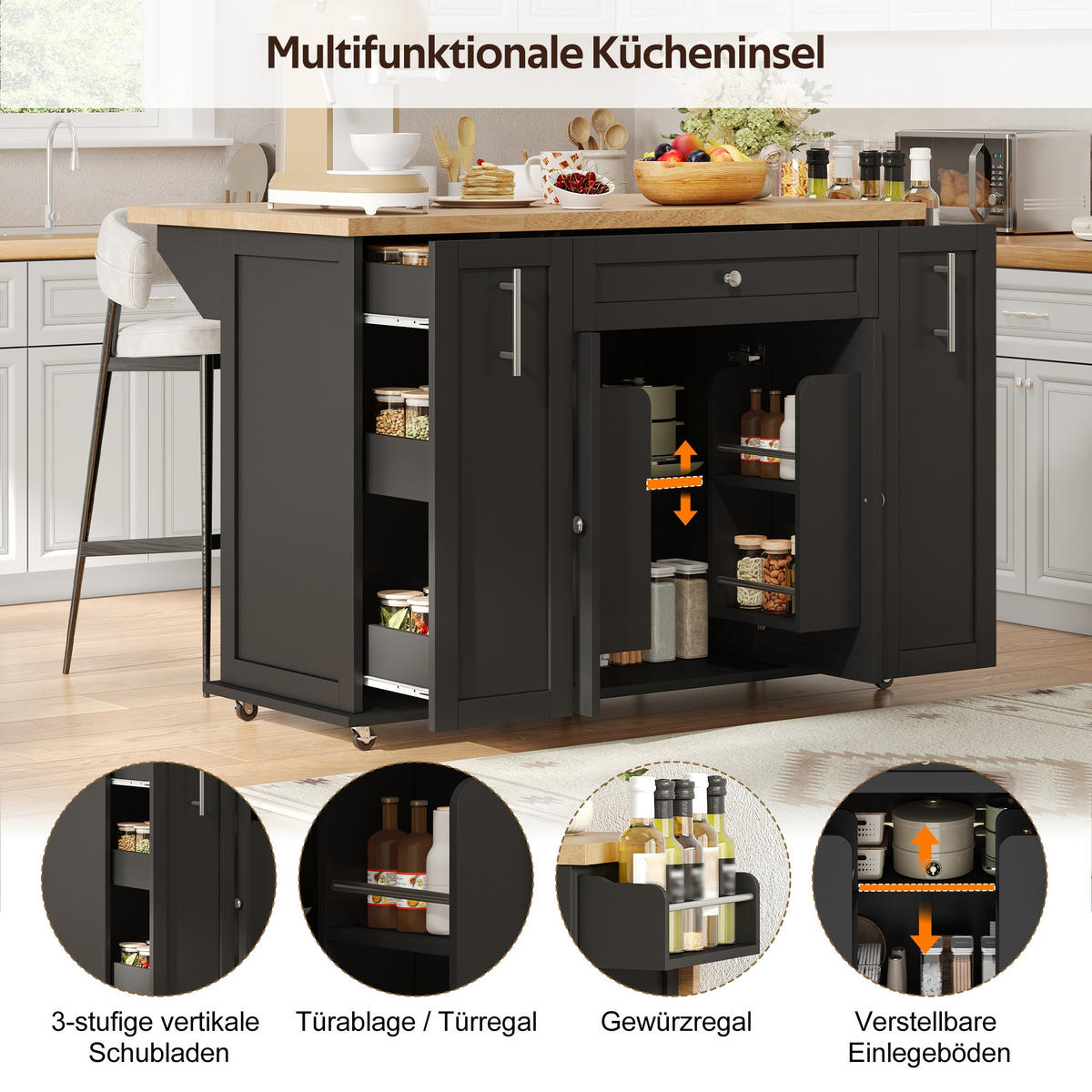 KÜCHENINSEL 120/45/83 cm Schwarz mit klappbarer Arbeitsplatte, 3 vertikalen Schubladen und feststellbaren Rollen - Schwarz, Holz (70/87/120cm) - Oxeza