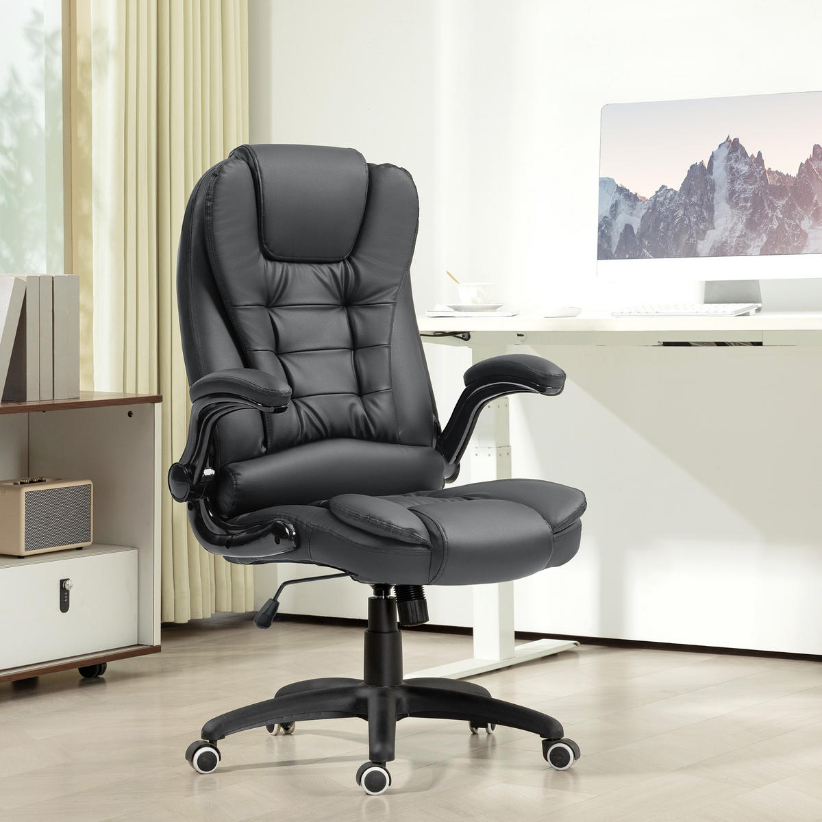 BÜROSTUHL, Ergonomisch Chefsessel mit Wippfunktion, Hochklappbare Armlehne - Dunkelgrau, Kunststoff (69/121/60cm) - HOMCOM