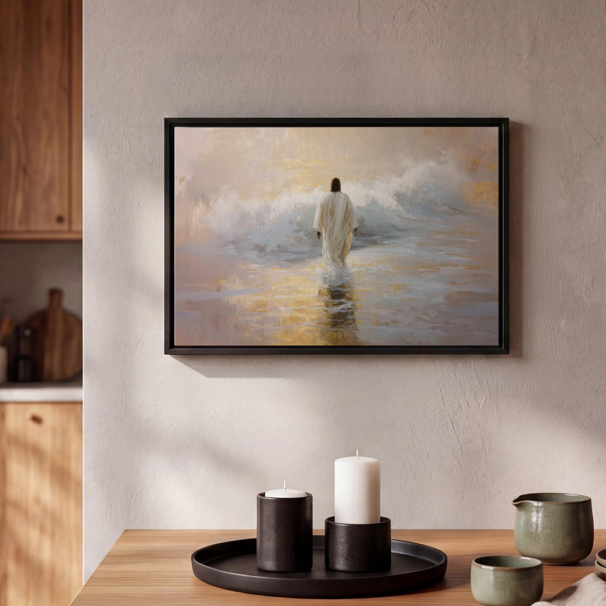 LEINWAND Bilder mit Rahmen - Gemälde - Welle - Jesus - Abstrakt - 30x20 - Goldfarben, Textil (30/20cm) - MuchoWow