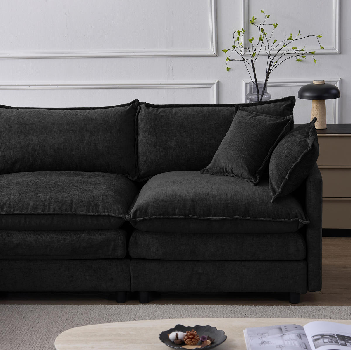 ECKSOFA L-Form 3-Sitzer mit Hocker Chenille Schwarz - Schwarz, Holz (154/267cm) - Meubliv