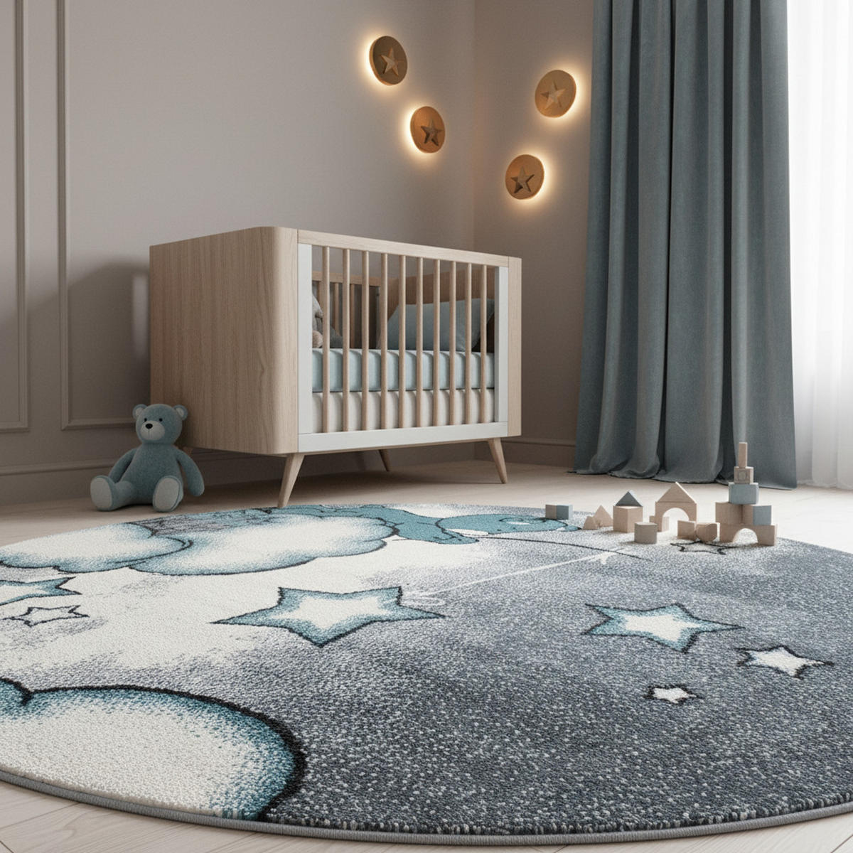 SPIELTEPPICH Bär Kindgerecht Waschbar Kinderzimmer Schadstoffgeprüft Rund Blau 120x120 cm – LAGO - Blau, Textil (120/120cm) - KADIMA DESIGN
