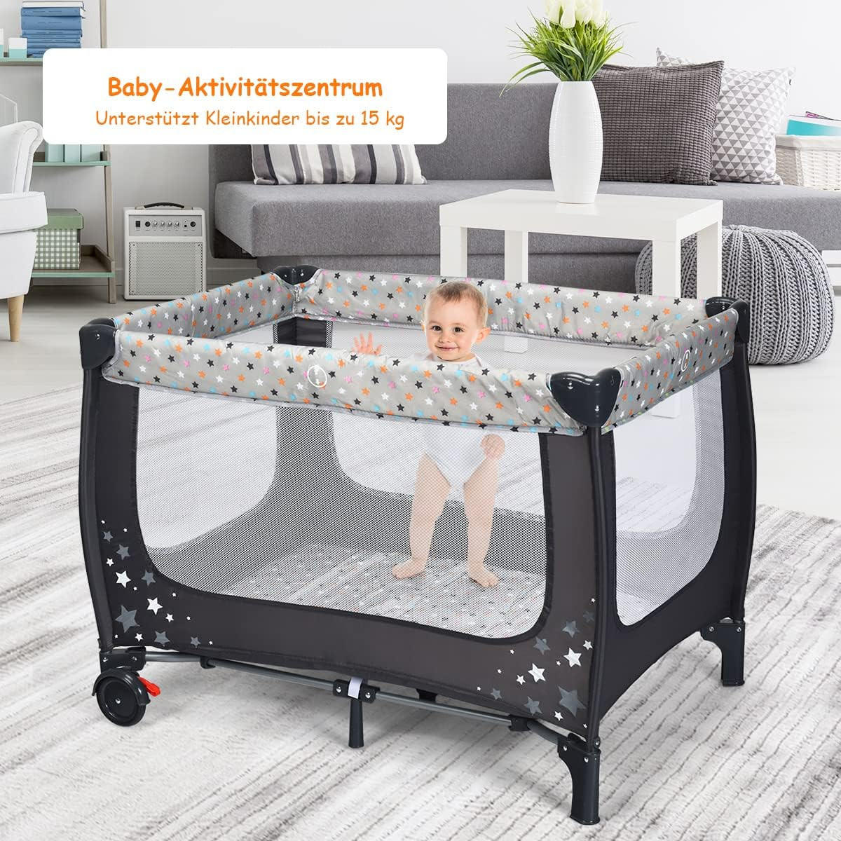 BABYBETT 2 in 1 Reisebett klappbar Grau - Grau, Textil - COSTWAY