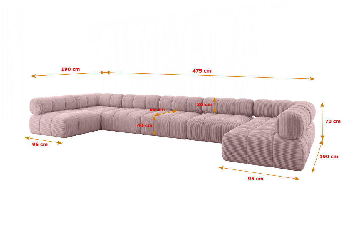 WOHNLANDSCHAFT modulares Sofa Garvo-U3 - 475x190x70 cm Rosa Cord - Rosa, Holzwerkstoff/Textil (475/70/190cm) - ALTDECOR