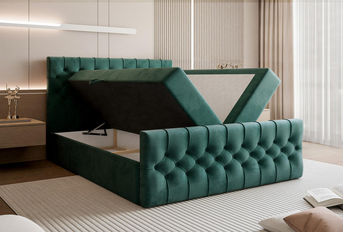 BOXSPRINGBETT Aurora mit Bettkasten, Dunkel Türkis Samt 200x200 cm – inkl. H3 Matratze und Topper - Türkis/Petrol, Holzwerkstoff/Kunststoff (200/200cm) - WFL GROUP