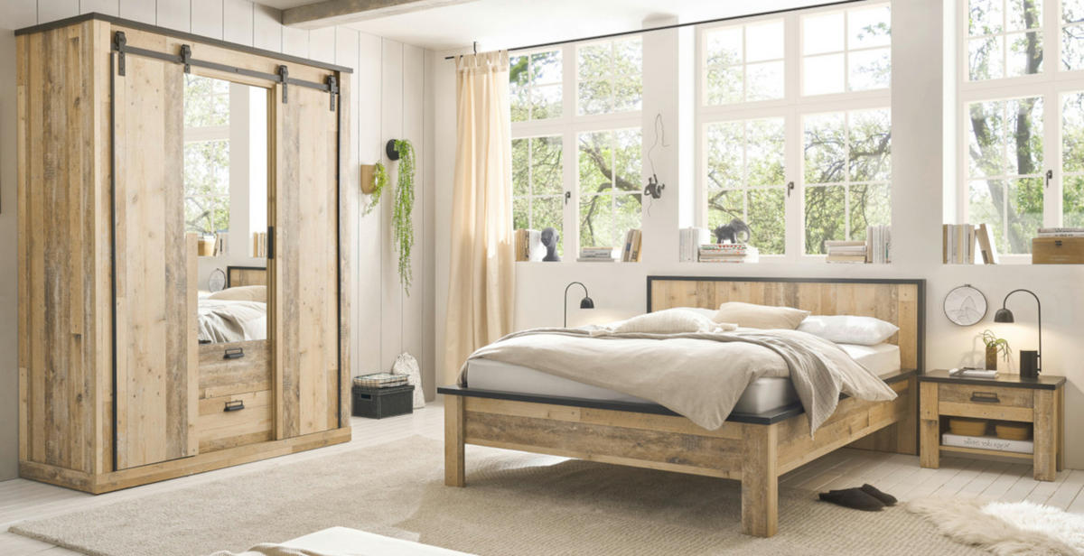 BETT Used Wood hell, Anthrazit, Einzelbett Liegefläche 140 x 200 cm - Eichefarben/Anthrazit, Holzwerkstoff/Metall (140/200cm) - Furn.Design