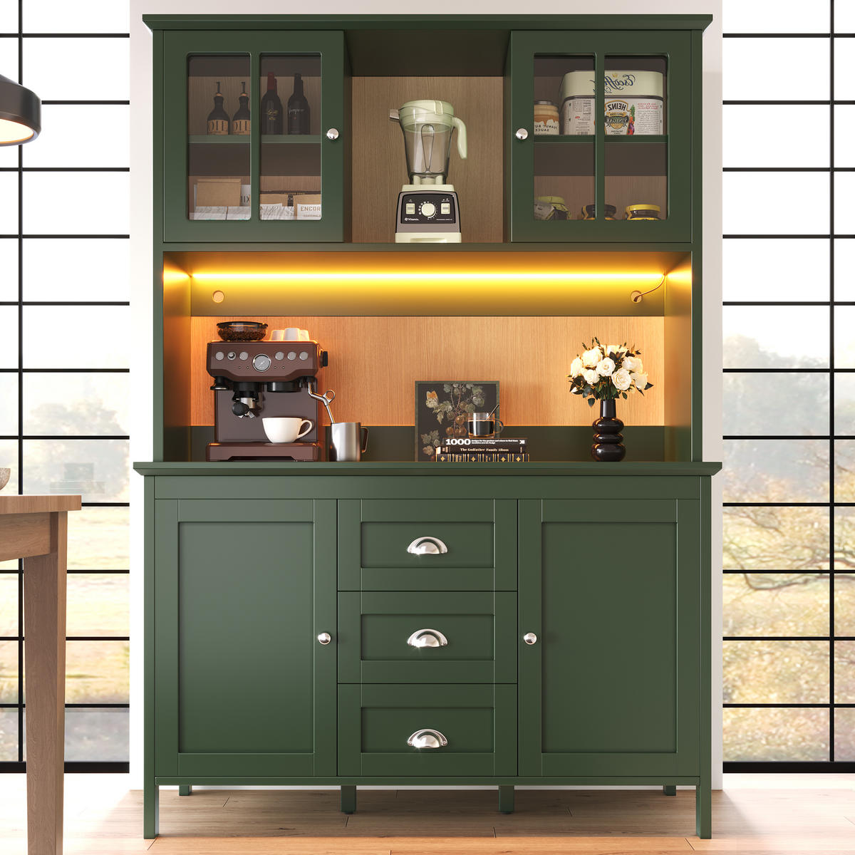 KÜCHENSCHRANK 120x40x179 Cm Glas Türen LED Grün - Grün, Holzwerkstoff (120/179/40cm) - FLIEKS